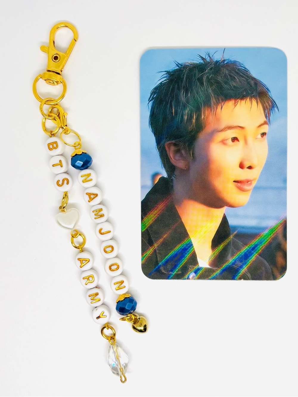 (2pcs) BTS RM NAMJOON GOLD BLUE WHITE KEYCHAIN PHOTOCARD BUNDLE